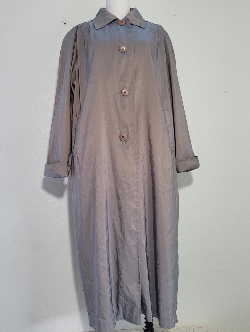 Vintage Vision Timeless Long Gray/ Purple Button-Front Hooded Trench Coach Sz 10
